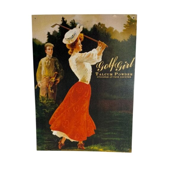 Metal Golf Girl Wall Sign VTG Talcum Powder Ad Bathroom Decor Victorian Golfer - Picture 1 of 10
